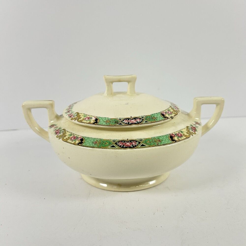 Vintage 1939 Homer Laughlin Empress W530 Green Rim Pink Rose Sugar Bowl